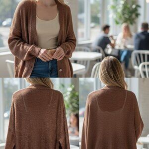 Brown Loose Knit Cardigan Sweater With Button Front & Balloon Sleeves By Cmoi